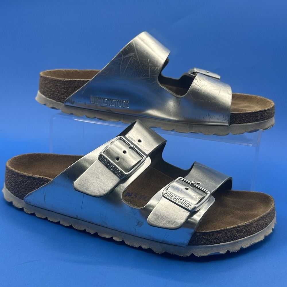 (FAIR) Birkenstock Arizona Silver Women's Two Strap Silver Sandals - Size US 5
